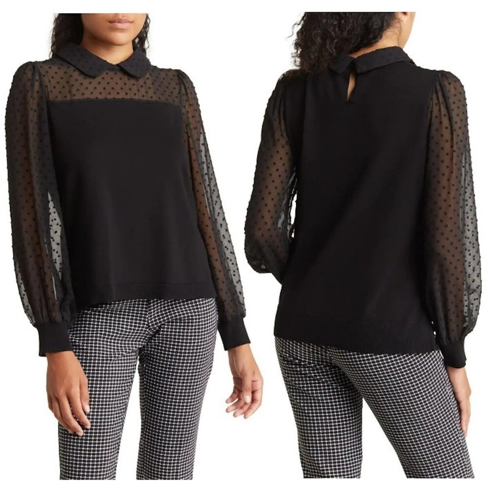 NWT New $89 Adrianna Papell Peter Pan Mesh Long Sleeve Blouse Size S
